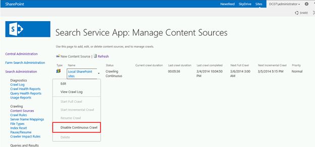 Disable Continuous Crawl